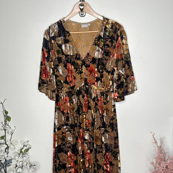 ESHAKTI Autumn Velvet Floral Maxi Dress Gold Black Orange Sz 2X {3V25} - Picture 3 of 7